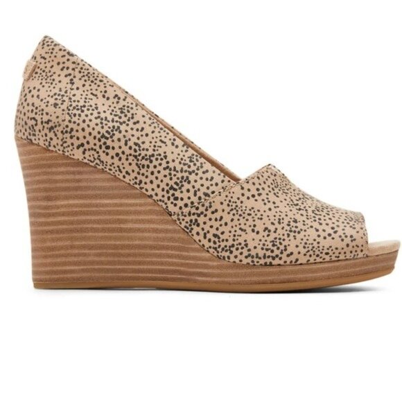 TOMS Michelle Peep Toe Stacked Wedge Heel Sand Tiny Cheetah Print Sz 9.5 - Picture 13 of 15
